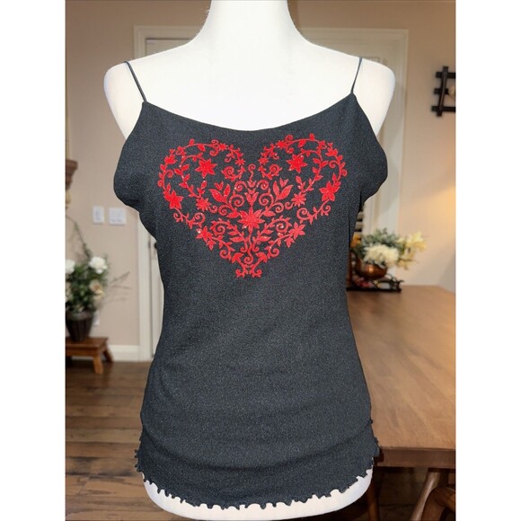Vintage Y2K Charlotte Russe Black Cami Top Glitter Heart Lettuce Hem L Coquette - Picture 8 of 10